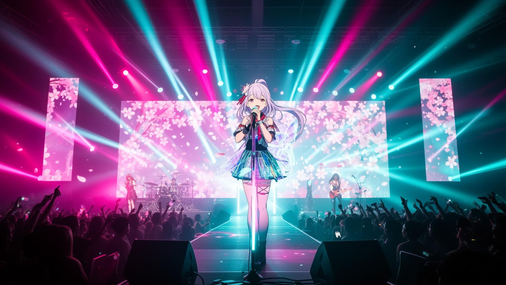 Live anime concert performance with neon stage lights and sakura visuals